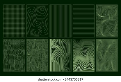 Set of geometry wireframe backgrounds with editable stroke. Distorted grid posters in trendy psychedelic rave style. Y2k retro futuristic aesthetic.