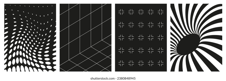 Set of geometry wireframe grid backgrounds in white color on black background. 3D abstract posters, patterns, cyberpunk elements in trendy psychedelic rave style. 00s Y2k retro futuristic aesthetic.