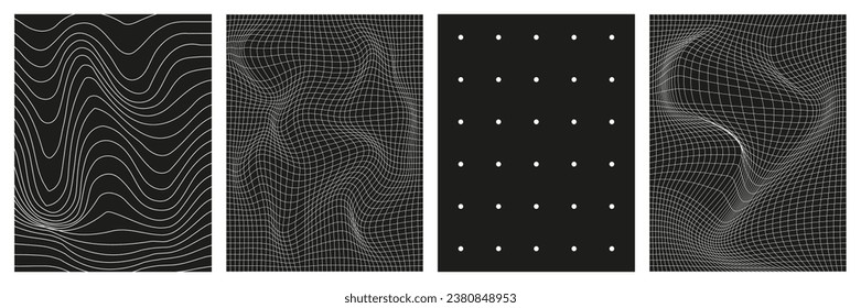 Set of geometry wireframe grid backgrounds in white color on black background. 3D abstract posters, patterns, cyberpunk elements in trendy psychedelic rave style. 00s Y2k retro futuristic aesthetic.