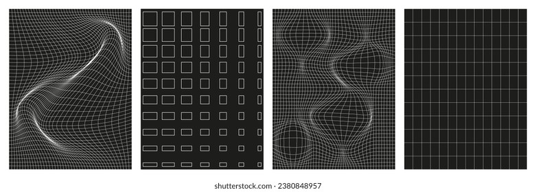 Set of geometry wireframe grid backgrounds in white color on black background. 3D abstract posters, patterns, cyberpunk elements in trendy psychedelic rave style. 00s Y2k retro futuristic aesthetic.