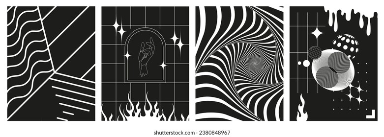 Set of geometry wireframe grid backgrounds in white color on black background. 3D abstract posters, patterns, cyberpunk elements in trendy psychedelic rave style. 00s Y2k retro futuristic aesthetic.