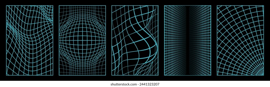 Set of geometry wireframe grid backgrounds. Cyberpunk elements in trendy psychedelic rave style. Set of distorted vertical grid pattern and checkerboard pattern