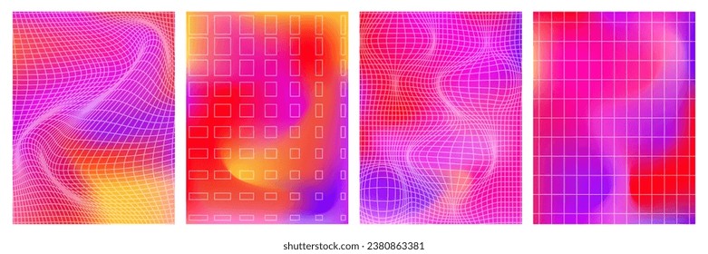 Set of geometry wireframe grid on smooth color transition gradient background. Trendy psychedelic rave style, Y2k retro futuristic aesthetic.