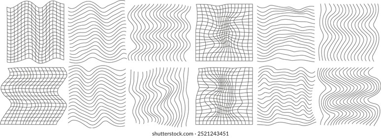 Set of geometry wireframe grid on transparent background. 3D abstract posters, patterns, cyberpunk elements in trendy rave style Y2k. Vector EPS 10