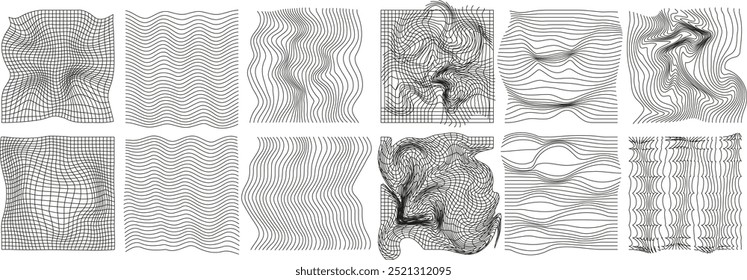 Set of geometry wireframe grid on transparent background. 3D abstract posters, patterns, cyberpunk elements in trendy rave style Y2k. Vector EPS 10
