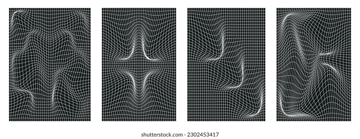 Set of geometry wireframe mesh backgrounds in white colors on a black wireframe mesh background. Abstract posters, patterns, cyberpunk elements in trendy psychedelic style. Vector illustration.