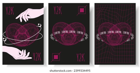 Set Geometry Wireframe shapes in neon pink color. 3D heart, cyberpunk elements in trendy psychedelic rave style. 00s Y2k retro futuristic aesthetic. Love concept. Vector art for social media