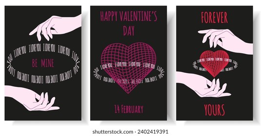 Set Geometry Wireframe shapes in neon pink color. 3D heart, cyberpunk elements in trendy psychedelic rave style. 00s Y2k retro futuristic aesthetic. Love concept. Vector art for social media