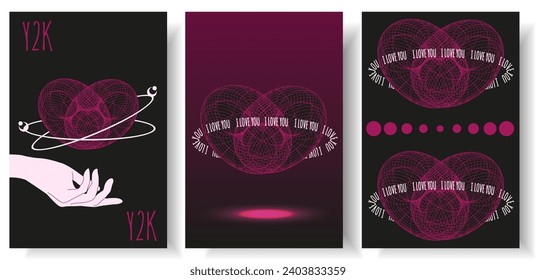 Set Geometry Wireframe shapes in neon pink color. 3D heart, cyberpunk elements in trendy psychedelic rave style. 00s Y2k retro futuristic aesthetic. Love concept. Vector art for social media