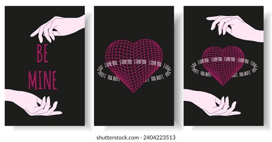 Establecer las formas de armazón de alambre geométrico en color rosa neón. corazón 3D, elementos ciberpunk en estilo de rave psicodélica a la moda. Estética retro futurista de los años 2000. Concepto de amor. Arte vector para medios sociales