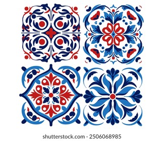 Der Satz von Geometryc Ornament Textur Fliesenmuster in blauen Rottönen