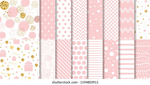 Set of geomteric sweet pink seamless patterns Pink dotted background collection Vector illustration Hand drawn wrap wallpaper cover fabric cloth textile design Swatch line star zigzag girl baby shower