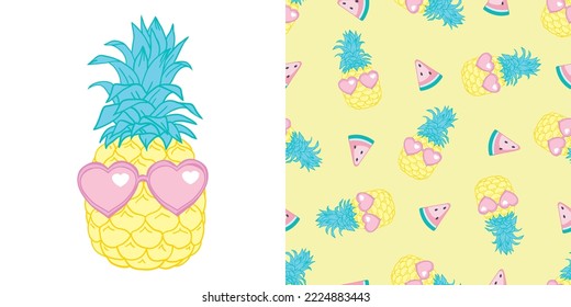 Set of geomterical yellow summer and fruit seamless patterns. Vector illustration Hand drawn background, wrap, wallpaper, cover, fabric, cloth, textile design. Swatch. Pineapple, lines zigzag template