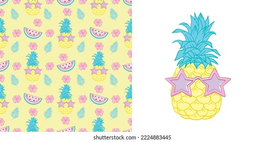 Set of geomterical yellow summer and fruit seamless patterns. Vector illustration Hand drawn background, wrap, wallpaper, cover, fabric, cloth, textile design. Swatch. Pineapple, lines zigzag template