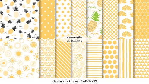 Set of geomterical yellow summer and fruit seamless patterns. Vector illustration Hand drawn background, wrap, wallpaper, cover, fabric, cloth, textile design. Swatch. Pineapple, lines zigzag template