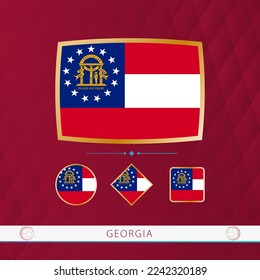 Set of Georgia flags with gold frame for use at sporting events on a burgundy abstract background. Vector collection of flags.