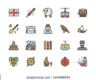 Set of Georgian Culture Flat Color Line Icons. Eagle, Mountains, Sweets and more