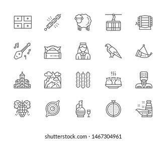 Set of Georgian Culture Line Icons. People in Ethnic Costume, Shish Kebab, Lamb, Wine, Musical Instrument, Eagle, Mountains, Sweets, Pomegranate and more. Pack of 48x48 Pixel Icons