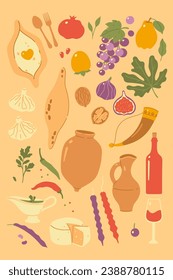 Set of Georgian food and wine. Vector graphics.