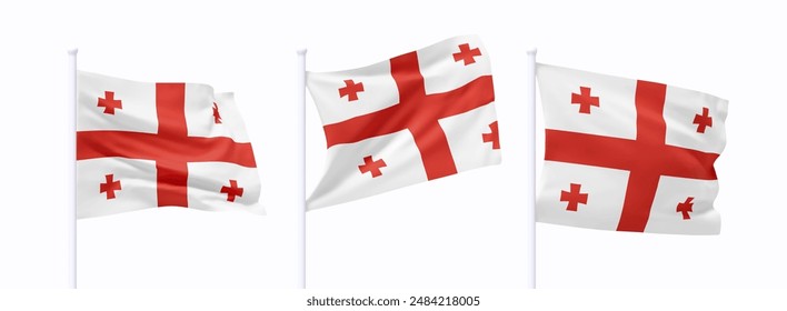 Set of Georgian waving flag on flagpole. Realistic 3d design flag flies on the wind on isolated white background. vector illustration