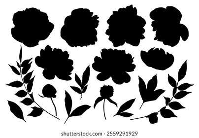 Set of gerdenl flowers silhouettes. Black summertime poster. Collection of scrapbooking elements.