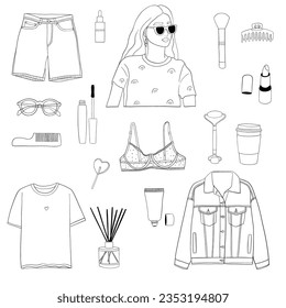 Set of gerly elements. Girl, jeans jacket, bra, shorts, t-shirt, cosmetics,diffuser, glasses, barrette, face massager. Hipster design. Line vector illustration