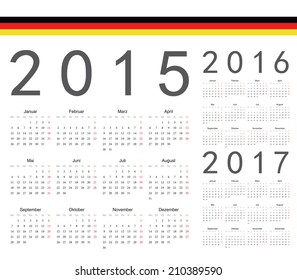 Set of German 2015, 2016, 2017 year vector calendars. Week starts from Monday.