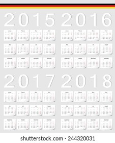 Set of German 2015, 2016, 2017, 2018 vector calendars with shadow angles. Week starts from Monday.