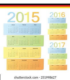 Set of German 2015, 2016, 2017 color vector calendars. Week starts from Monday.