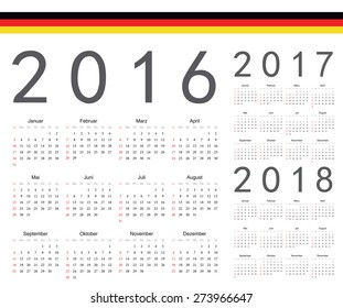 Set of German 2016, 2017, 2018 year vector calendars. Week starts from Sunday.