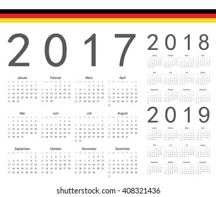 Set of German 2017, 2018, 2019 year vector calendars. Week starts from Sunday.