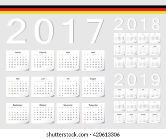 Set of German 2017, 2018, 2019 vector calendars with shadow angles. Week starts from Sunday.