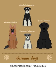 Set of German dogs. Vector Illustration of four different breeds of dogs: German shepherd, miniature Schnauzer, standard Schnauzer, giant Schnauzer. Cartoon characters. Sitting dogs.