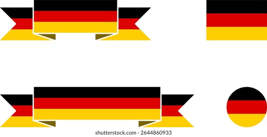 Set of German Flag or Flag of Germany including Short and Long Folded Ribbon Banner Style, Standard Plain and Round Shapes. Vector Image.