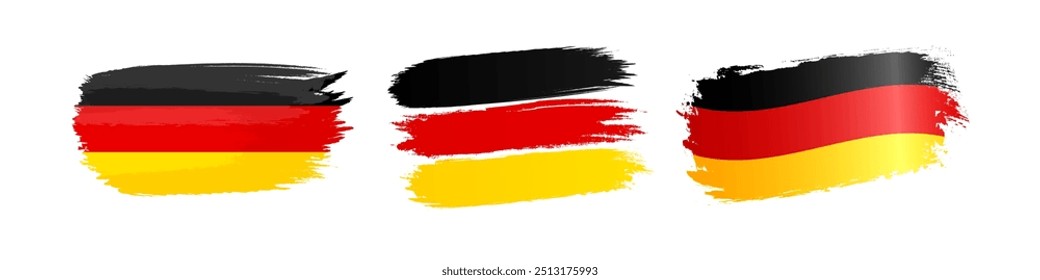 Satz deutscher Flaggensymbole. Dekorative handgezeichnete abstrakte Elemente. Pinselstrich-Grafikdesign. Hintergrundkonzept. Trikolore Flaggen. Isolierte Flagge von Deutschland. Schwarz, rot und gelb in drei Farben.