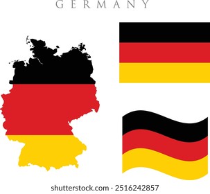 Set of german flags, in different styles - , waving flag , and map design. Represents the state of Germany. Germany Map Flag. Map of the Federal Republic of Germany with the German country banner. 