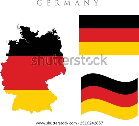 Set of german flags, in different styles - , waving flag , and map design. Represents the state of Germany. Germany Map Flag. Map of the Federal Republic of Germany with the German country banner. 