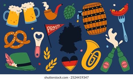 Set of German folk festival Oktoberfest elements including Bavarian beer, barrel, pretzel, sausage, map and flag of Germany and more. Munich symbols.