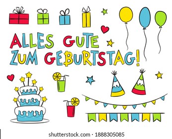 Set of German Happy Birthday elements isolated on white background. Hand-drawn holiday elements, gifts, balloons, cake. Vector illustration for Germany. Translation: Happy Birthday