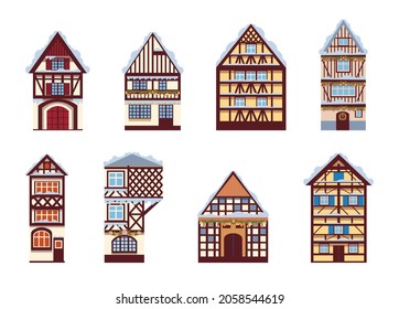 Un conjunto de casas alemanas. Ilustración vectorial en un estilo plano. Fabulosas casas navideñas con nieve en el techo.