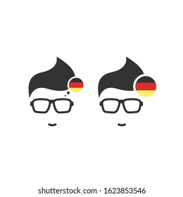 Set of german language icon. Silhouette of man's head in hipster glasses and German flag in circle. black simple avatar.   choose country, learn, teach. Isolated on white. Vector flat illustration.