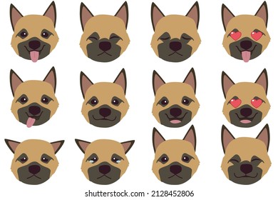 Conjunto de emociones de perro pastor alemán. Divertido perro sonriente y enojado, triste y delicioso. Cara del emoticono de la caricatura del perro. Ilustración sobre el animal y mascota kawaii al estilo vectorial plano.