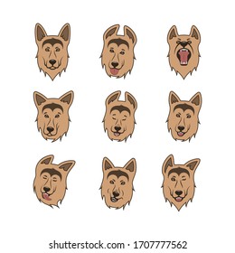 Set of german shepherds icons. Dogs with different emotions. Illustrations for your project.