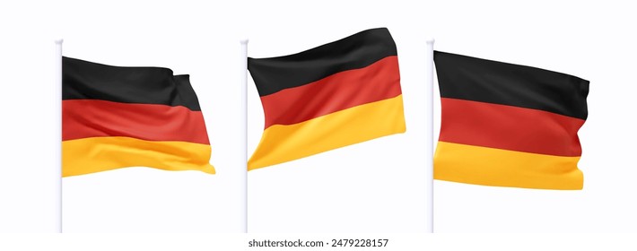 Set of German waving flag on flagpole. Realistic 3d design flag flies on the wind on isolated white background. vector illustration