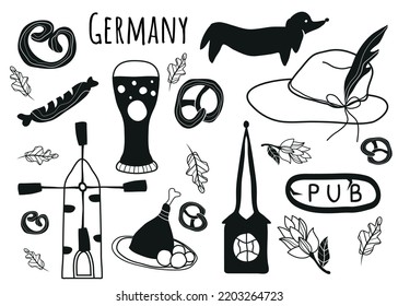 A set from Germany. The background of the vector illustration. Beer, Gothic cathedral, stained glass windows, knuckle, pub, sausages, hot, mill, knuckle, dachshund, hops, pretzel. Traditions of the co