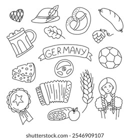 Set of Germany elements in doodle style. Vector isolated on white background.