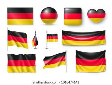 Set Germany flags, banners, banners, symbols, flat icon. Vector illustration of collection of national symbols on various objects and state signs