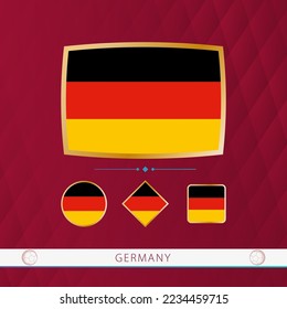 Set von deutschen Flaggen mit goldenem Rahmen für Sportveranstaltungen auf bordeauxrotem Hintergrund. Vektorgrafik von Flaggen.