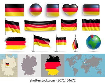 Conjunto de banderas alemanas de varias formas y mapas. Bandera alemana realista ondeando en el poste, bandera de la mesa, brillantes botones 3d y mapa altamente detallado, globo con identificación de la ilustración vectorial de Alemania