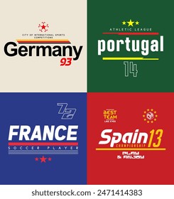 Set von Deutschland, Portugal, Frankreich, Spanien Slogan Prints für T-Shirt. Typografie-Grafiken für College-T-Shirt. Vektorgrafik